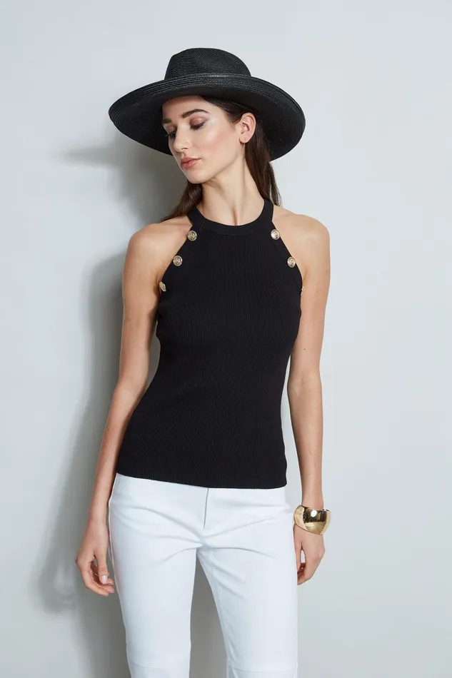 Elie Tahari Halter Button Rib Tank Noir Women Tops