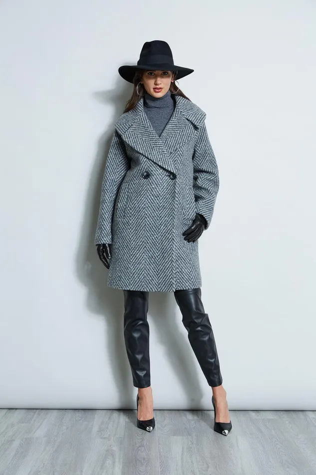 Elie Tahari Herringbone Brushed Double Breasted Coat Black Multi Women Coats