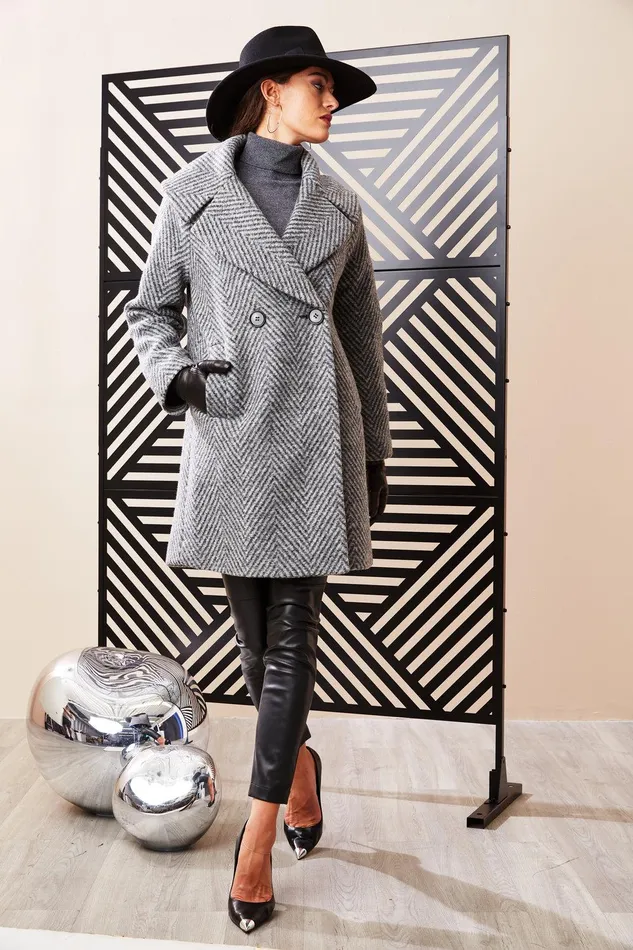 Elie Tahari Herringbone Brushed Double Breasted Coat Black Multi Women Coats