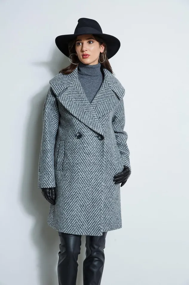 Elie Tahari Herringbone Brushed Double Breasted Coat Black Multi Women Coats