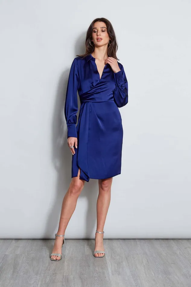 Elie Tahari Long Sleeve Satin Wrap Dress Dark Sapphire Women Dresses and Jumpsuits