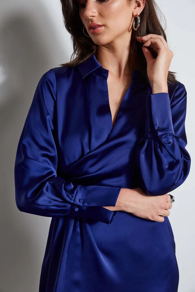 Elie Tahari Long Sleeve Satin Wrap Dress Dark Sapphire Women Dresses and Jumpsuits