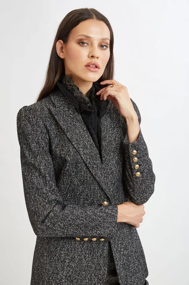 Elie Tahari Metallic Tweed Blazer Black Multi Women Jackets and Blazers