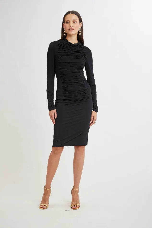 Elie Tahari Pleat Detail Matte Jersey Dress Black Women Dresses and Jumpsuits
