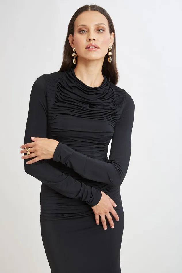 Elie Tahari Pleat Detail Matte Jersey Dress Black Women Dresses and Jumpsuits