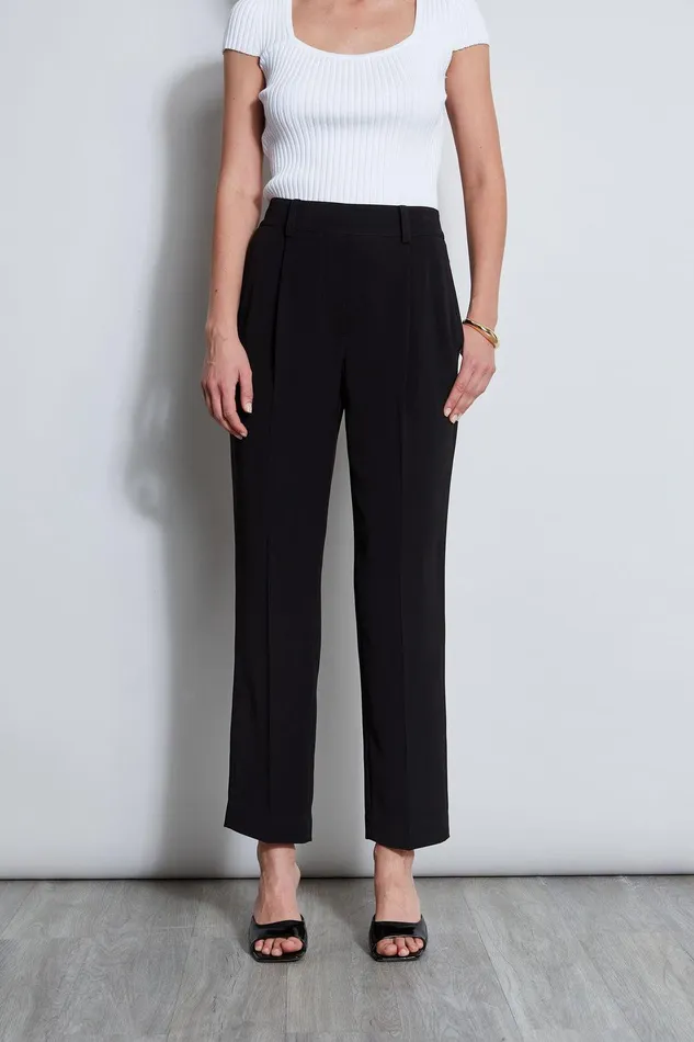 Elie Tahari Pleated Straight Leg Pull On Pant Noir Women Bottoms