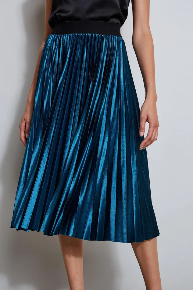 Elie Tahari Pleated Velvet Midi Skirt Teal Women Bottoms