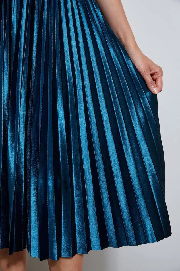 Elie Tahari Pleated Velvet Midi Skirt Teal Women Bottoms