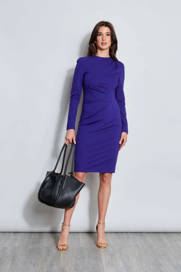 Elie Tahari Ruched Long Sleeve Knit Dress Grape Women Dresses and Jumpsuits