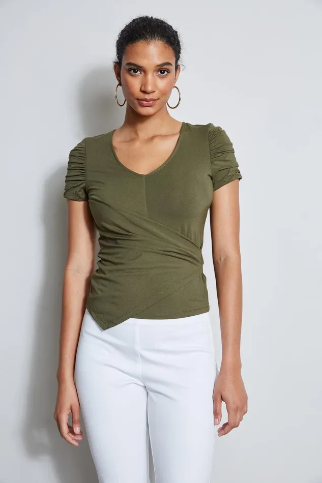Elie Tahari Ruched Sleeve VNeck Knit Willow Green Women Tops