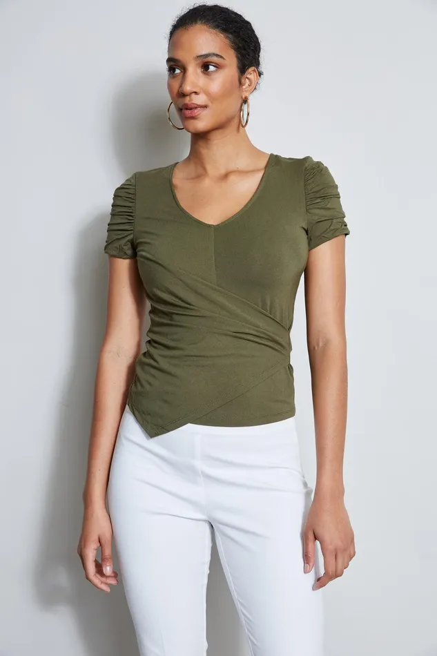 Elie Tahari Ruched Sleeve VNeck Knit Willow Green Women Tops