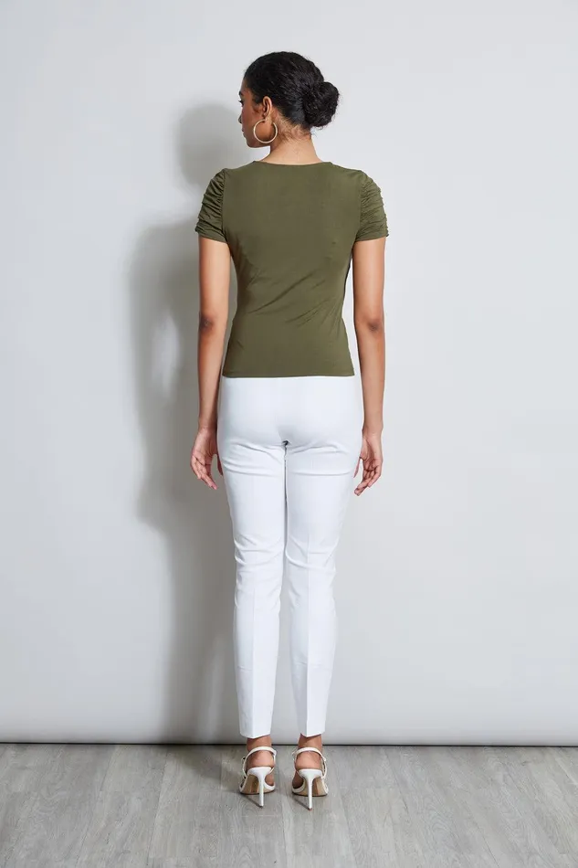 Elie Tahari Ruched Sleeve VNeck Knit Willow Green Women Tops