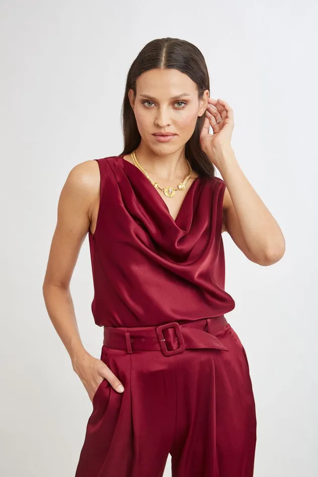 Elie Tahari Satin Cowl Top Sangria Women Tops