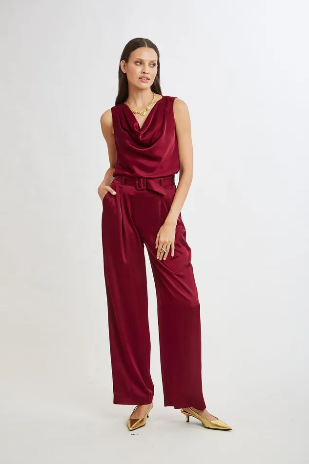 Elie Tahari Satin Cowl Top Sangria Women Tops