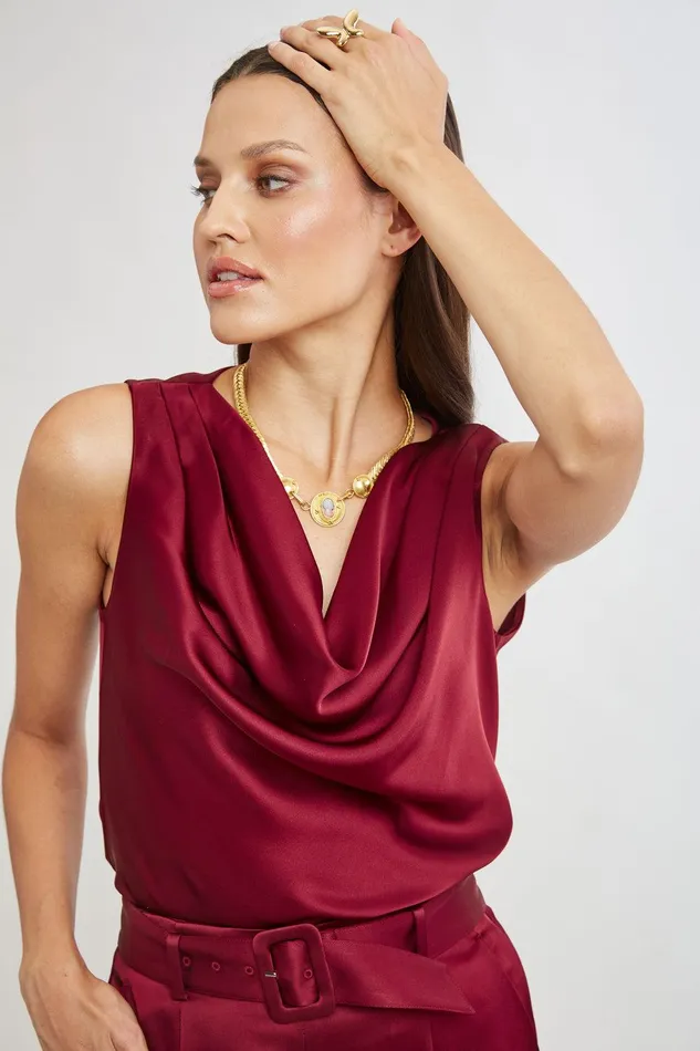 Elie Tahari Satin Cowl Top Sangria Women Tops