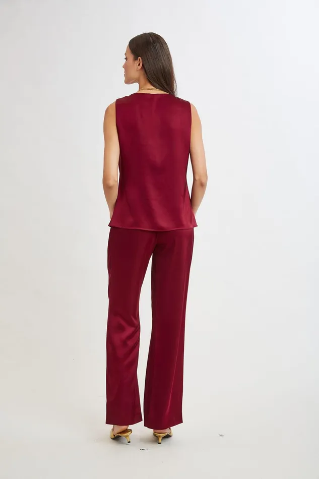 Elie Tahari Satin Cowl Top Sangria Women Tops