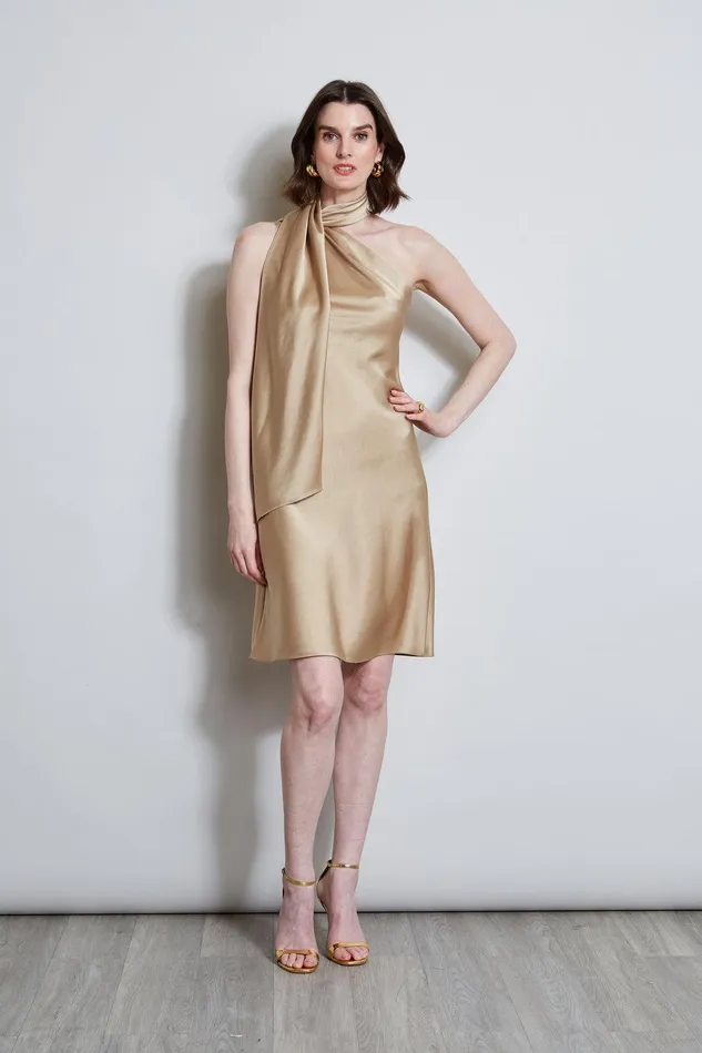 Elie Tahari Satin Scarf Dress Sandcastle Women Dresses and Jumpsuits