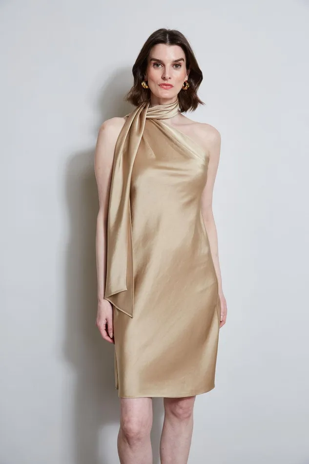 Elie Tahari Satin Scarf Dress Sandcastle Women Dresses and Jumpsuits
