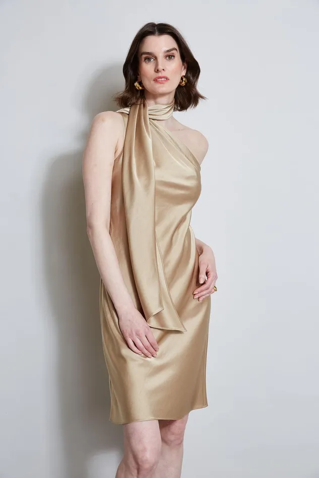 Elie Tahari Satin Scarf Dress Sandcastle Women Dresses and Jumpsuits