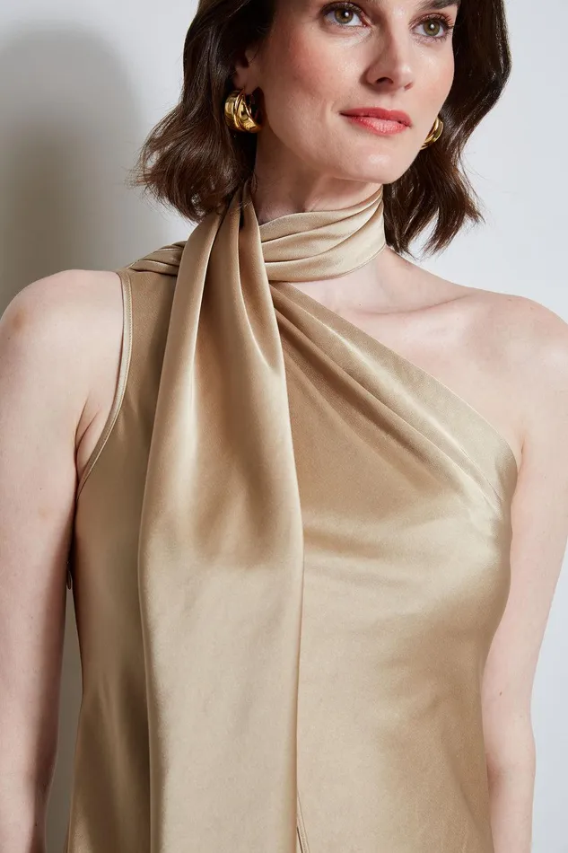 Elie Tahari Satin Scarf Dress Sandcastle Women Dresses and Jumpsuits