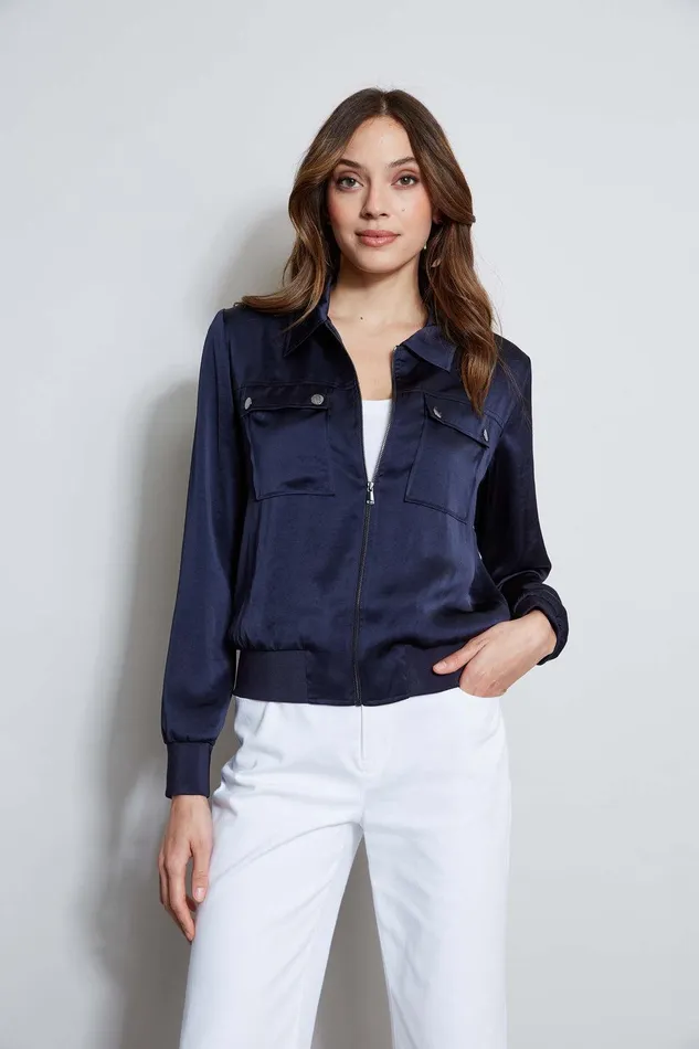 Elie Tahari Satin Utility Pocket Jacket Stargazer Women Jackets and Blazers