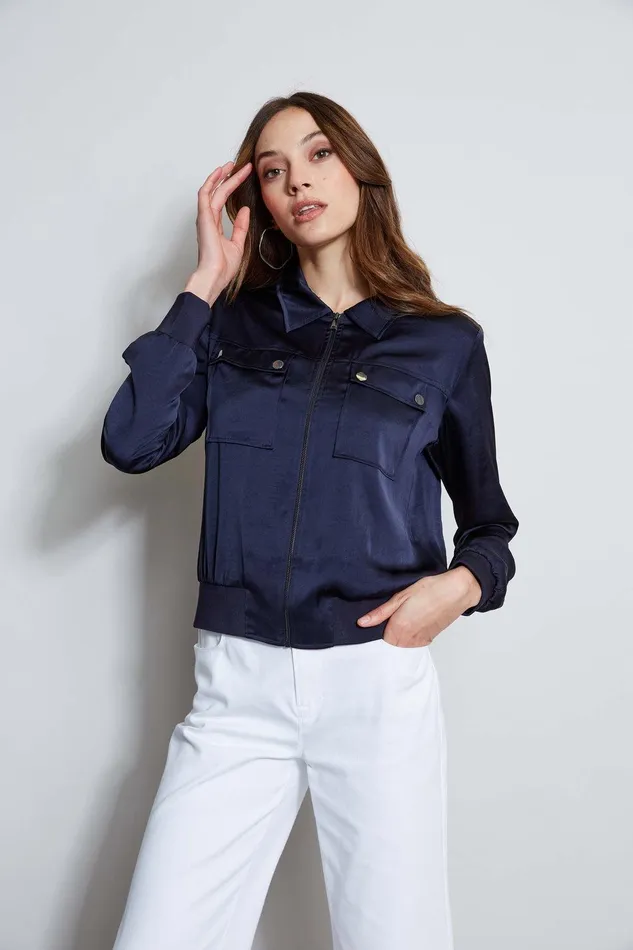 Elie Tahari Satin Utility Pocket Jacket Stargazer Women Jackets and Blazers