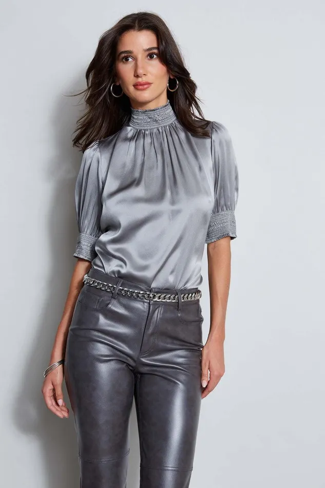 Elie Tahari Short Sleeve Silk Satin Smocked Shirt Comet Women Tops