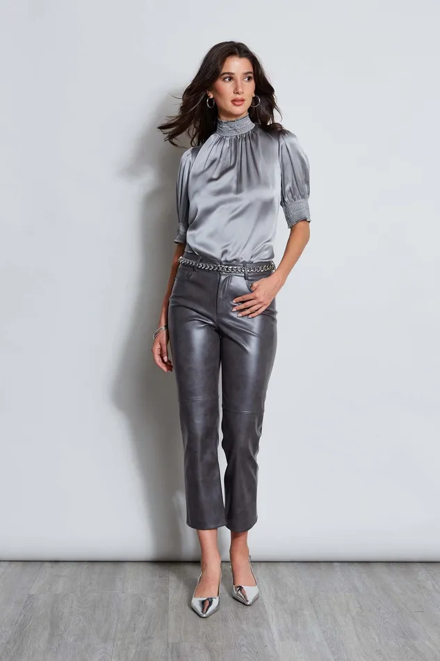 Elie Tahari Short Sleeve Silk Satin Smocked Shirt Comet Women Tops