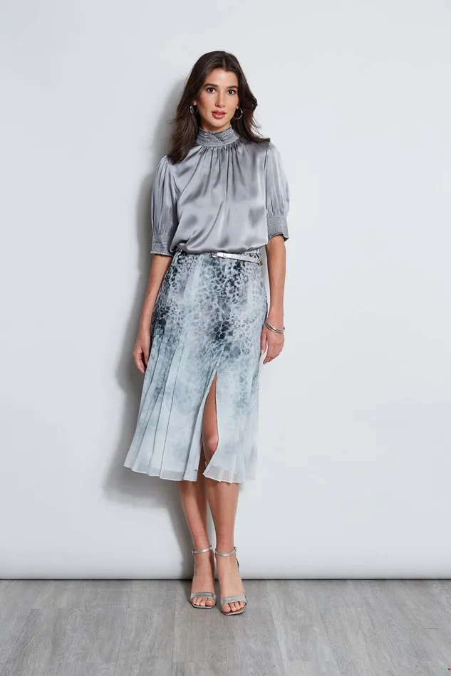 Elie Tahari Short Sleeve Silk Satin Smocked Shirt Comet Women Tops