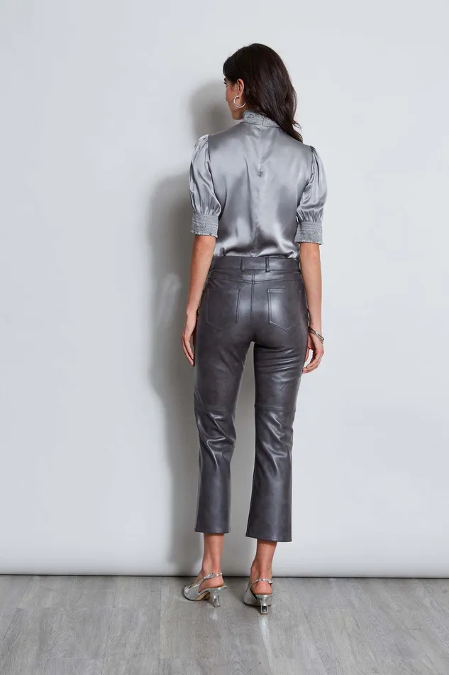 Elie Tahari Short Sleeve Silk Satin Smocked Shirt Comet Women Tops
