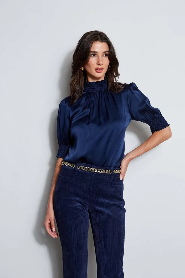 Elie Tahari Short Sleeve Silk Satin Smocked Shirt Galaxy Navy Women Tops