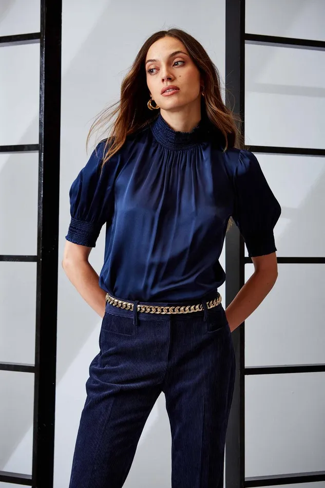 Elie Tahari Short Sleeve Silk Satin Smocked Shirt Galaxy Navy Women Tops