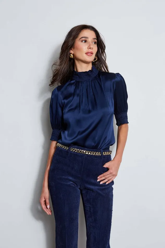 Elie Tahari Short Sleeve Silk Satin Smocked Shirt Galaxy Navy Women Tops