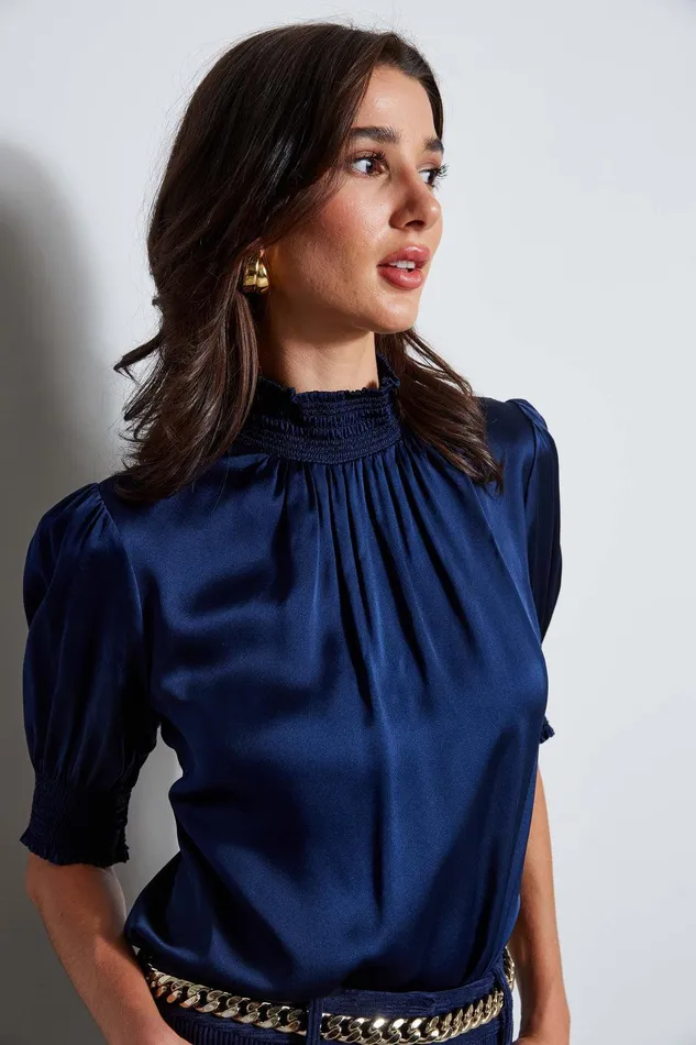 Elie Tahari Short Sleeve Silk Satin Smocked Shirt Galaxy Navy Women Tops