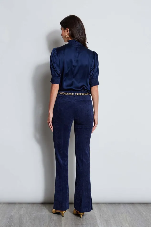 Elie Tahari Short Sleeve Silk Satin Smocked Shirt Galaxy Navy Women Tops
