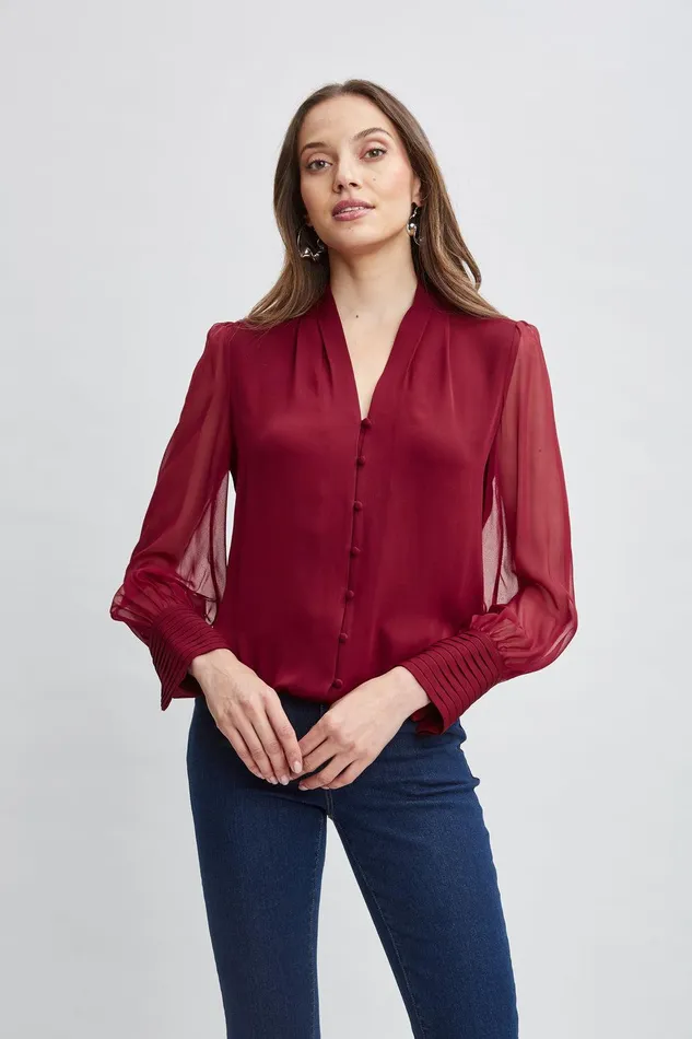 Elie Tahari Silk Blouson Button Shirt Sangria Women Tops