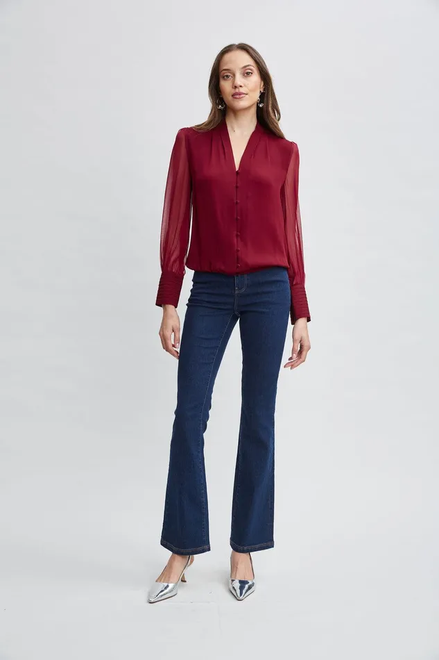 Elie Tahari Silk Blouson Button Shirt Sangria Women Tops
