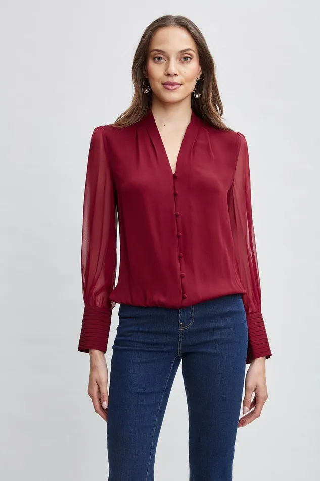 Elie Tahari Silk Blouson Button Shirt Sangria Women Tops