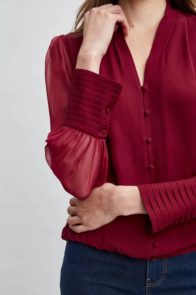 Elie Tahari Silk Blouson Button Shirt Sangria Women Tops