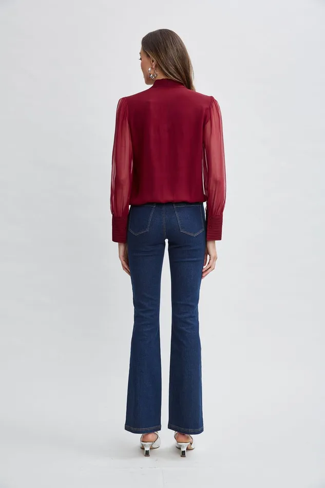 Elie Tahari Silk Blouson Button Shirt Sangria Women Tops