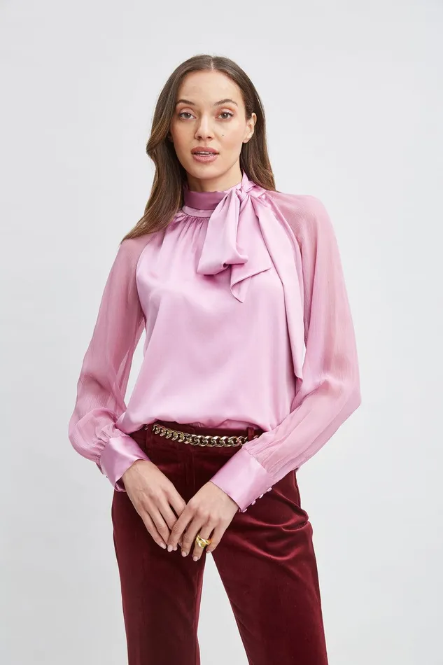 Elie Tahari Silk Chiffon Sleeve Tie Shirt Crystal Pink Women Tops