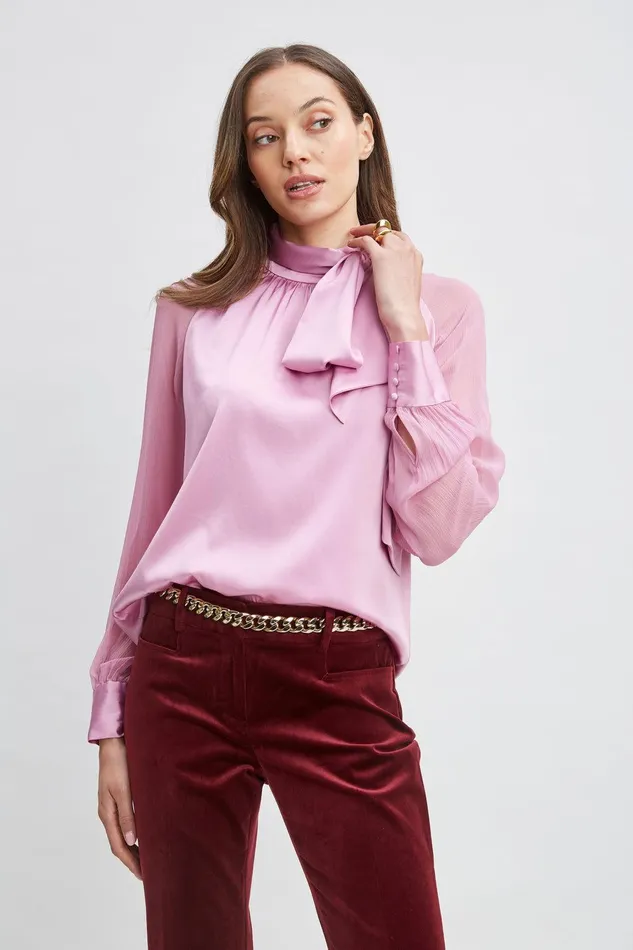 Elie Tahari Silk Chiffon Sleeve Tie Shirt Crystal Pink Women Tops