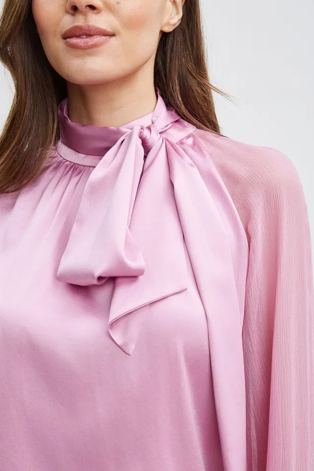 Elie Tahari Silk Chiffon Sleeve Tie Shirt Crystal Pink Women Tops