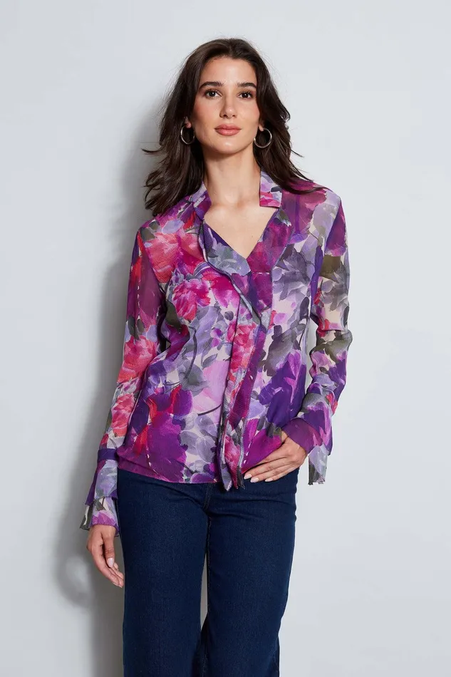 Elie Tahari Silk Chiffon Tossed Floral Ruffle Shirt Multi Women Tops