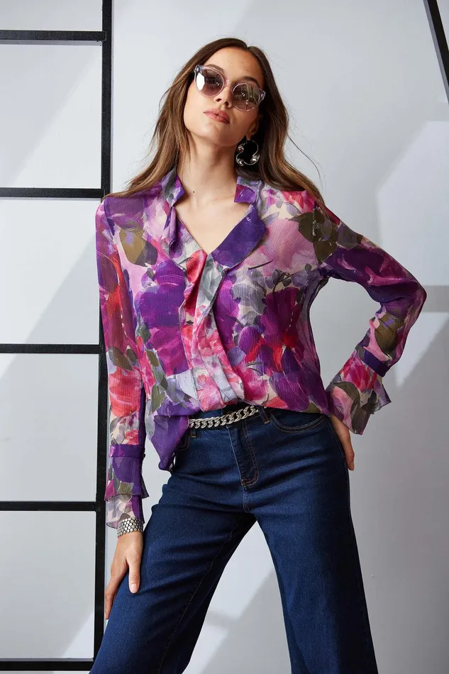 Elie Tahari Silk Chiffon Tossed Floral Ruffle Shirt Multi Women Tops