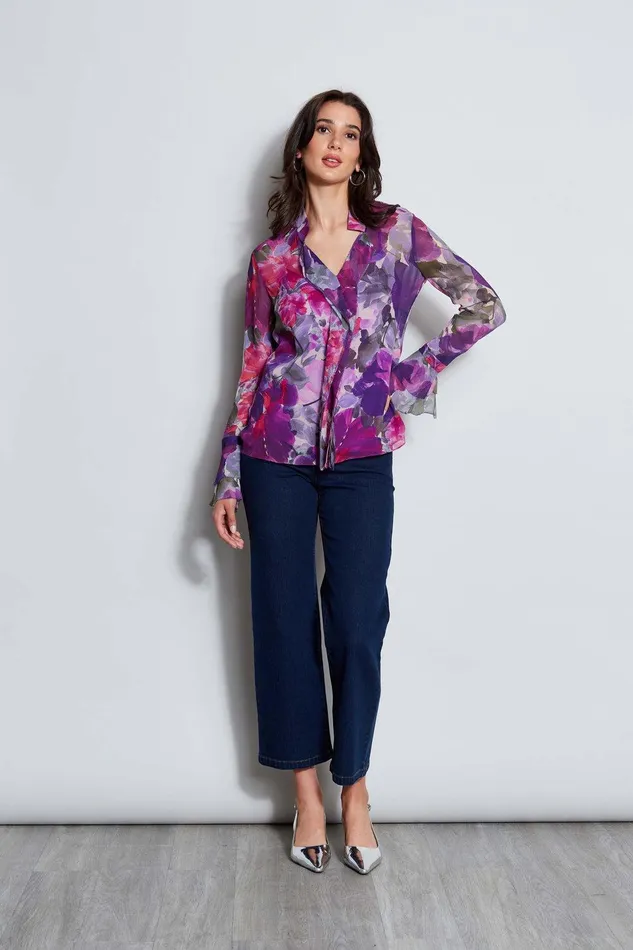Elie Tahari Silk Chiffon Tossed Floral Ruffle Shirt Multi Women Tops