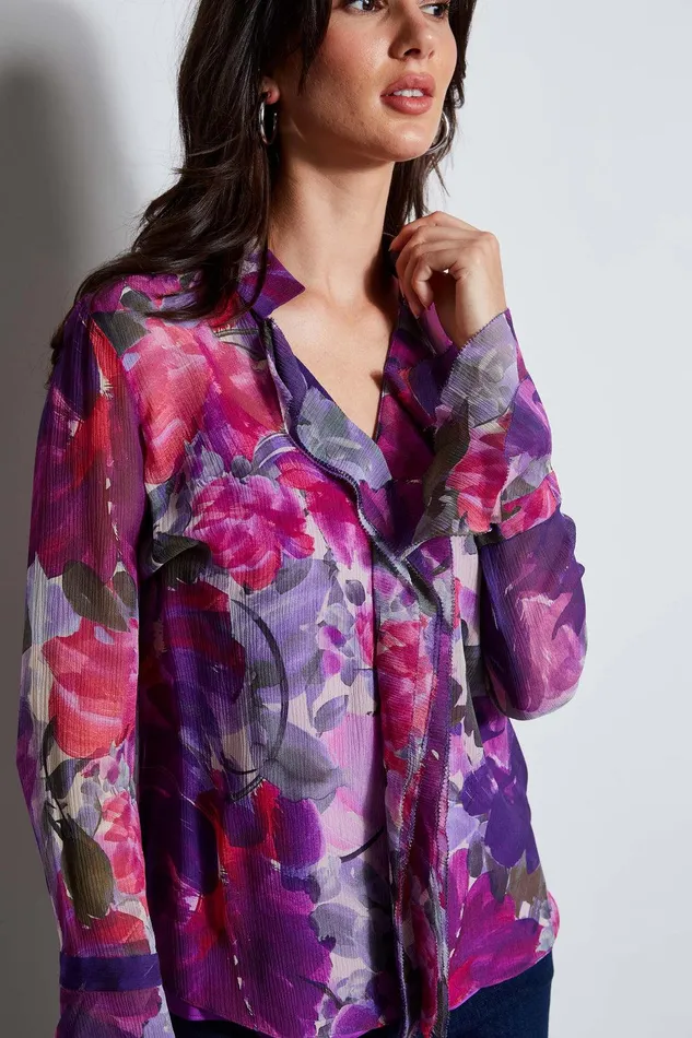 Elie Tahari Silk Chiffon Tossed Floral Ruffle Shirt Multi Women Tops