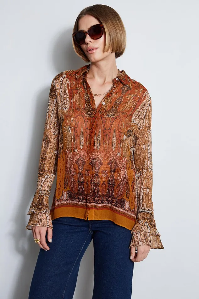 Elie Tahari Silk Crinkle Chiffon Raj Paisley Shirt Multi Women Tops