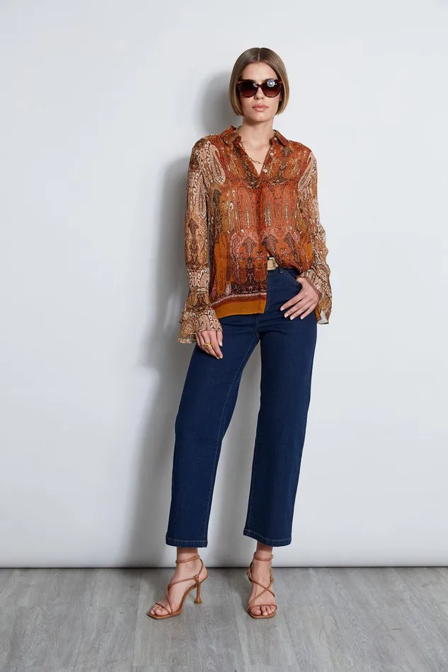 Elie Tahari Silk Crinkle Chiffon Raj Paisley Shirt Multi Women Tops
