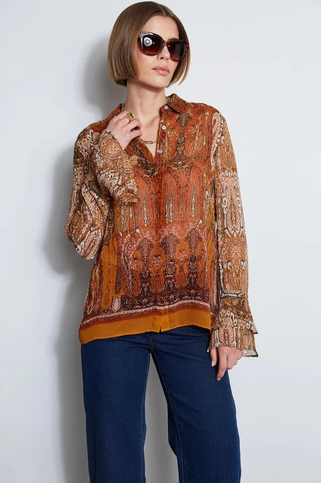 Elie Tahari Silk Crinkle Chiffon Raj Paisley Shirt Multi Women Tops
